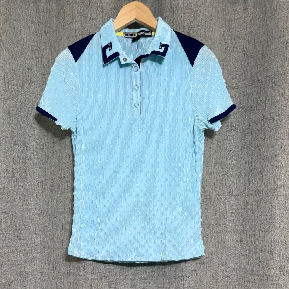Jamie Sadock Women Shirt Medium Blue Plisse Textured Polo Short Sleeve Studded
